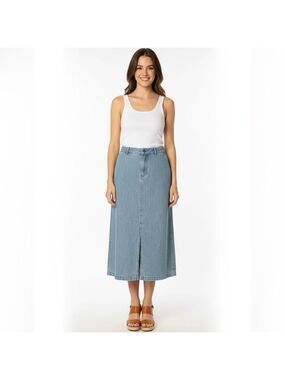 BELLE VERE 100% Cotton Light Wash Denim Midi Skirt w/ Front Slit & Pockets Sz 10